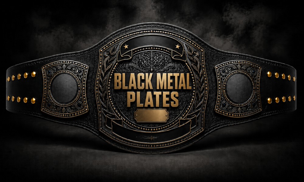 Premium black leather championship belt with detailed black metal engraved plates and gold accents, featuring central “BLACK METAL PLATES” text in a luxury custom belt design.