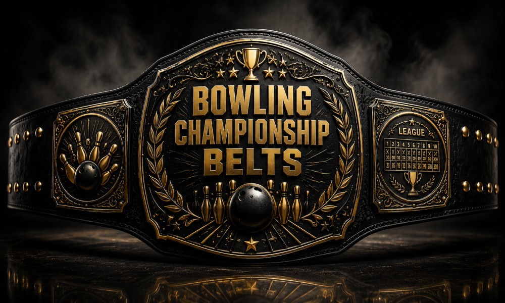 Black and gold bowling championship belt with engraved bowling pins, ball, trophy, and league scorecard details, displayed in a dark smoky studio setting.