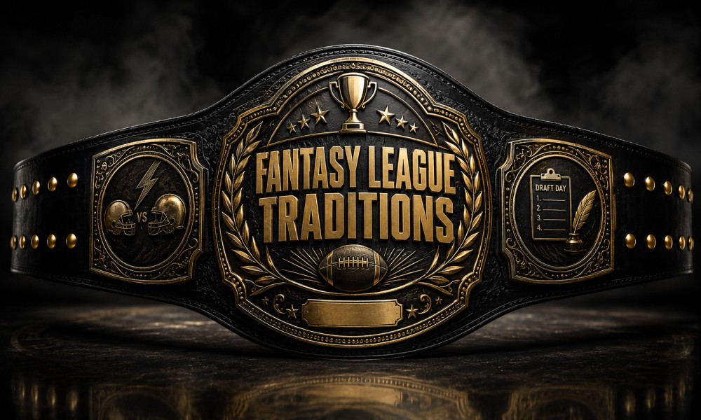Premium black and gold fantasy football championship belt featuring “Fantasy League Traditions” engraved on the central plate with trophy, football, and draft-themed side plate designs in a smoky studio setting.