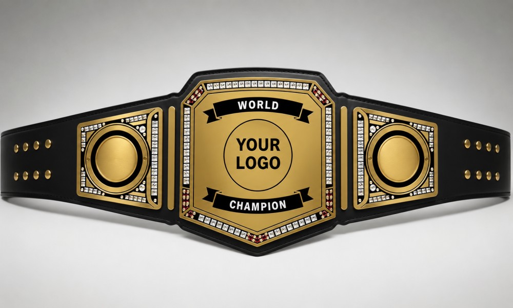 Premium Pokémon championship belt with gold metal plates and black leather strap, featuring Pikachu, Charizard, Pokéball designs, and “Champion” engraved central plate displayed in dramatic studio lighting.