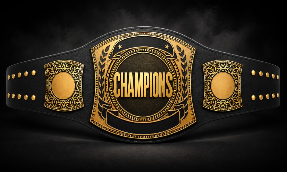 Black and gold “Champions” championship belt with ornate metal plates, central gold “CHAMPIONS” text, and detailed side plates, displayed in a dark smoky studio background.