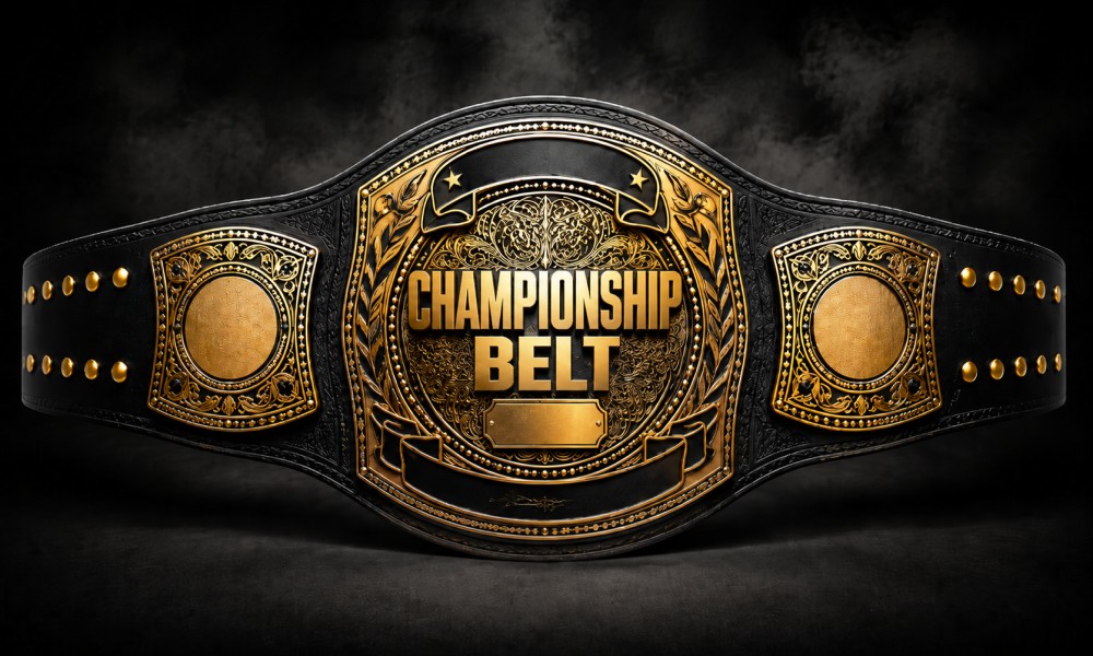 Luxury black and gold championship wrestling belt with detailed engraved central plate reading “CHAMPIONSHIP BELT,” ornate floral patterns, and premium side plates.