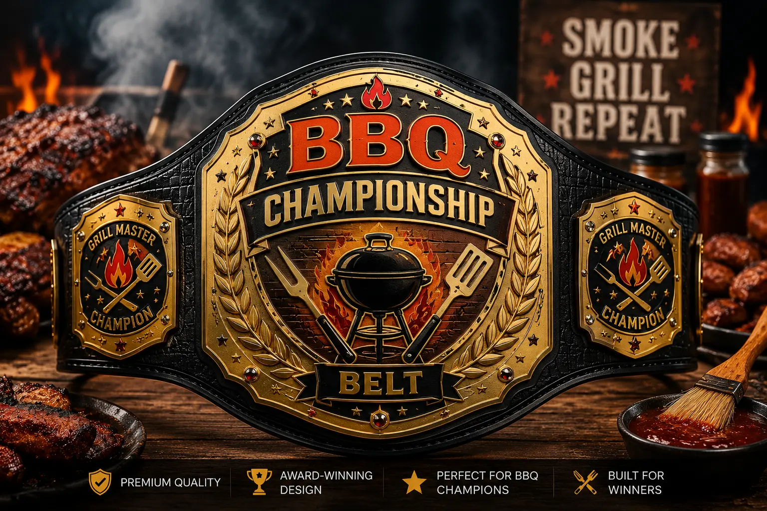 Custom BBQ Championship Belt designed for grilling competitions with detailed gold craftsmanship and BBQ-themed engraving.