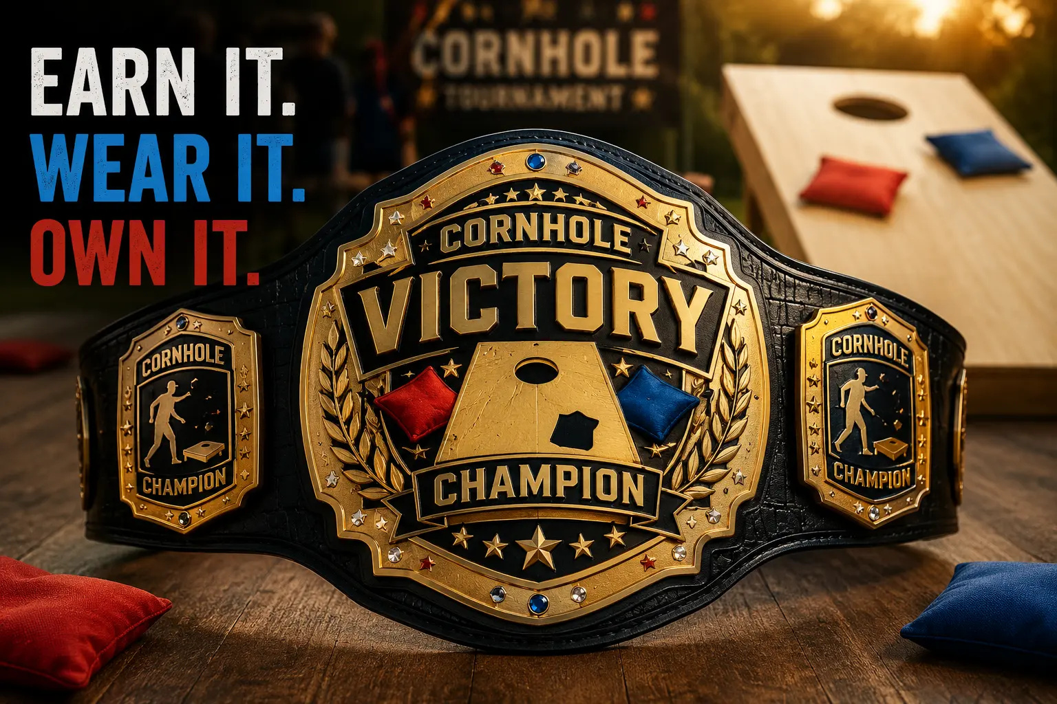 Award-winning Cornhole Victory Championship Belt presented as the ultimate prize for cornhole tournament champions.