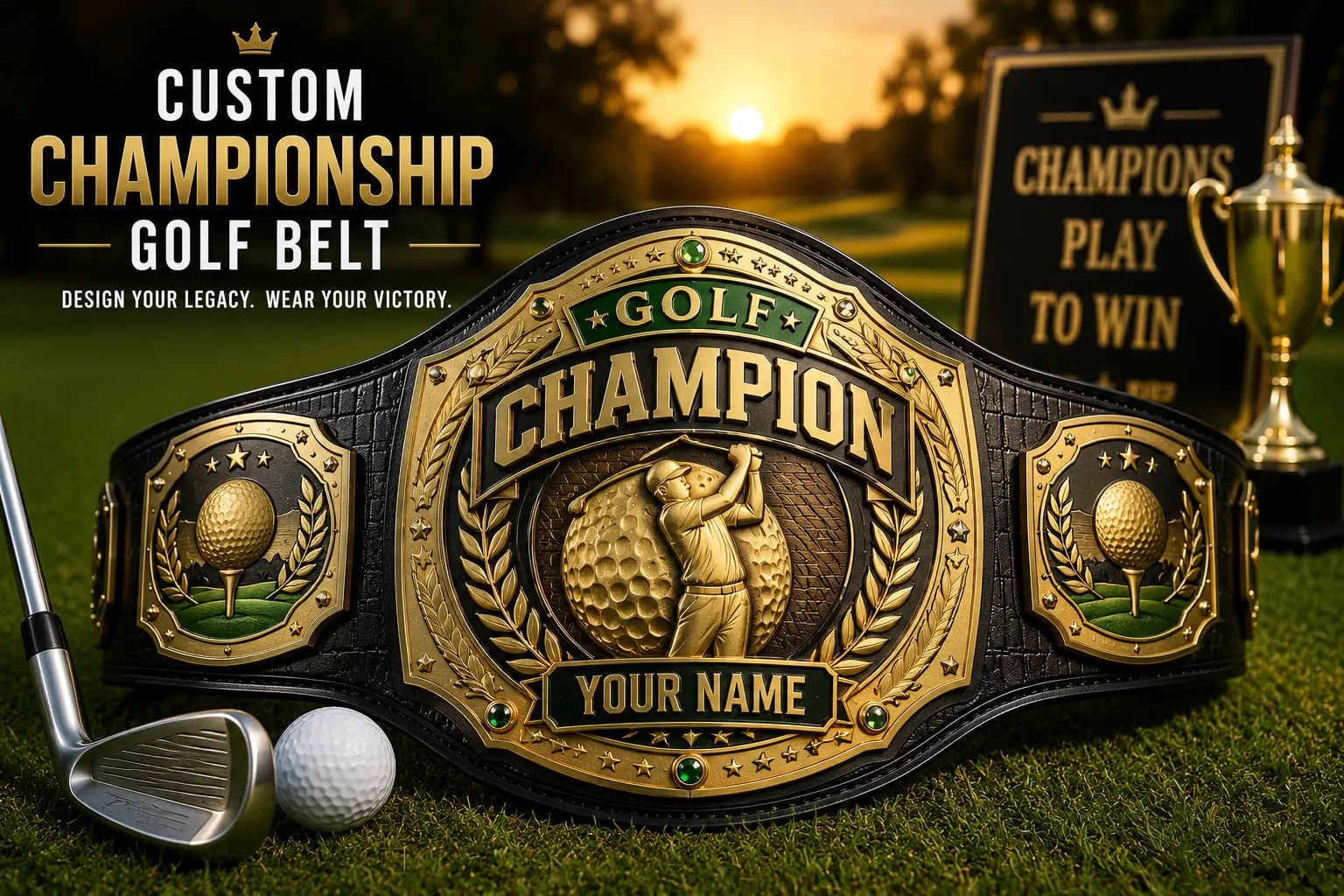 Luxury Custom Championship Golf Belt with customizable engraving and premium craftsmanship for golf tournament champions.