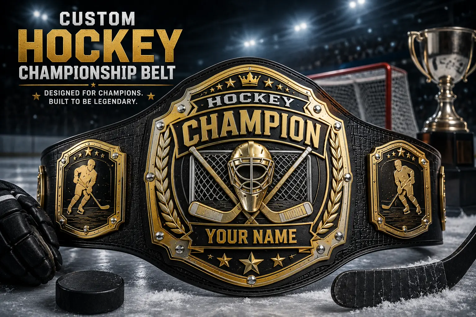 Personalized Custom Hockey Championship Belt featuring hockey-themed engraving, goalie mask, and crossed sticks for league champions.