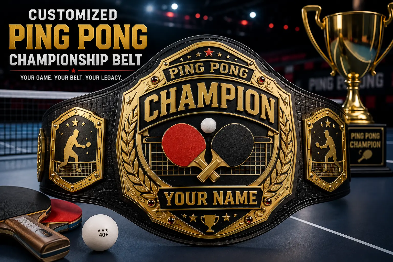 Professional Customized Ping Pong Championship Belt crafted with black leather and gold plates for ping pong competition winners.