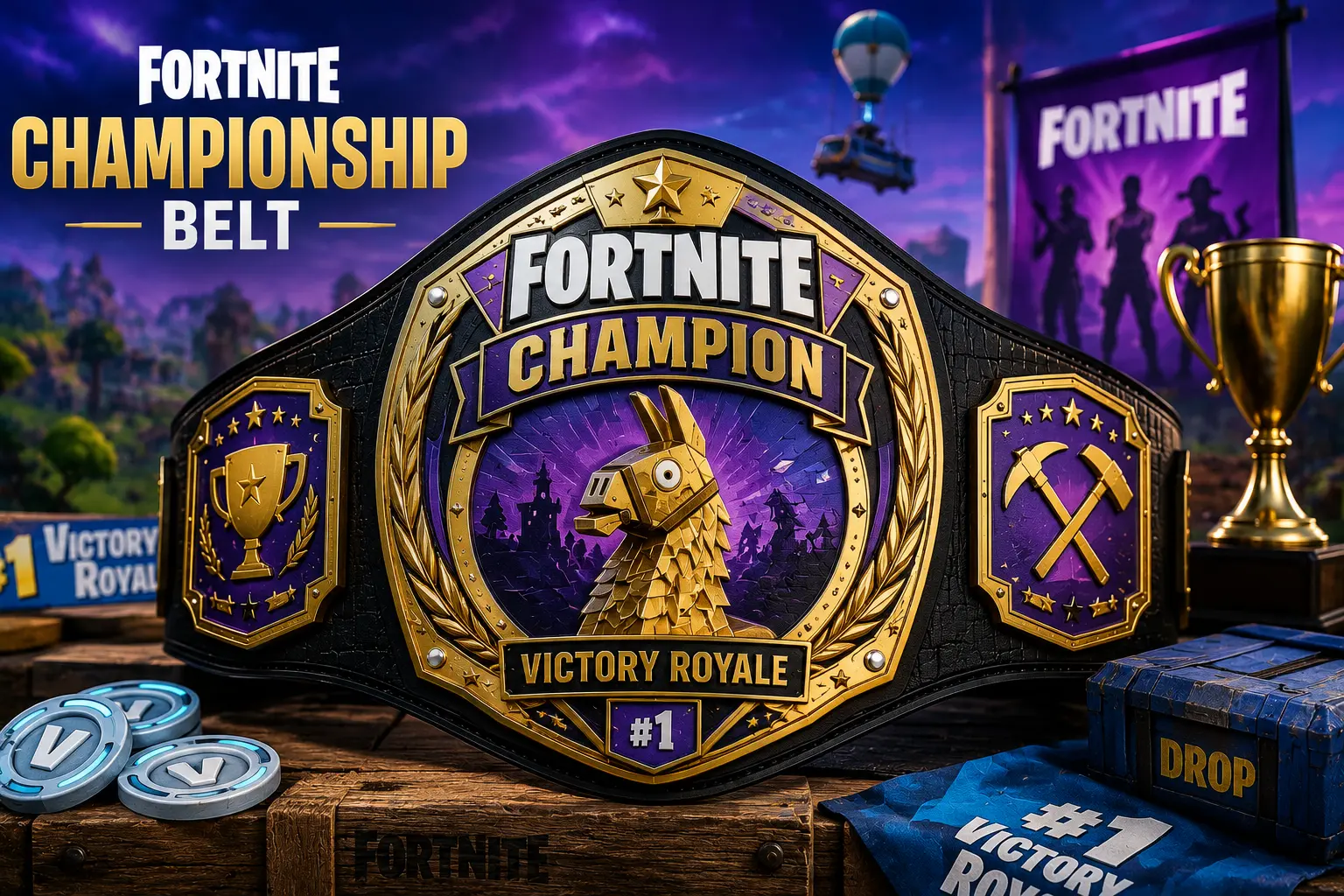 High-quality Fortnite Championship Belt featuring premium craftsmanship, gold plates, and a competitive gaming backdrop.