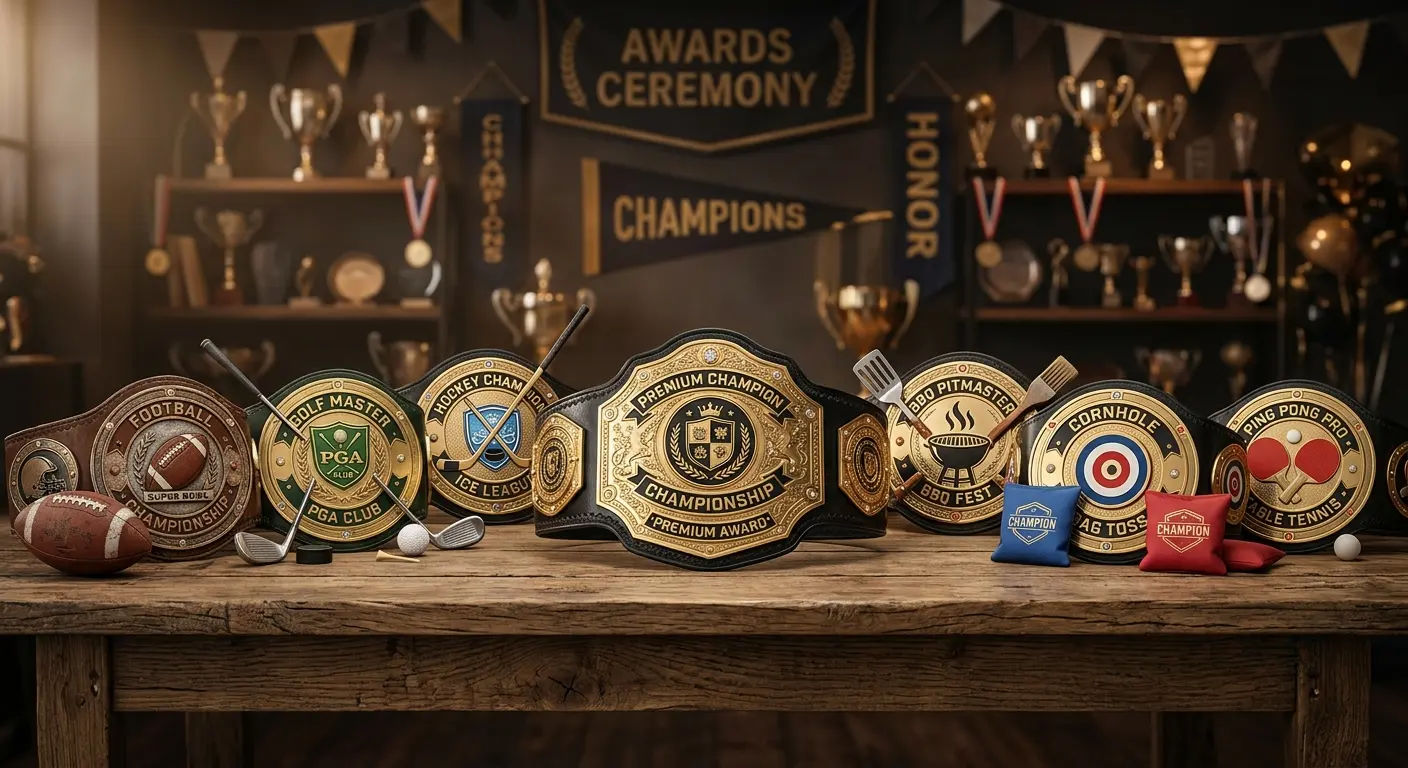 How to Choose the Right Belt for Your Event illustrated with multiple custom championship belts for sports, corporate, and competition events displayed alongside trophies and event equipment.
