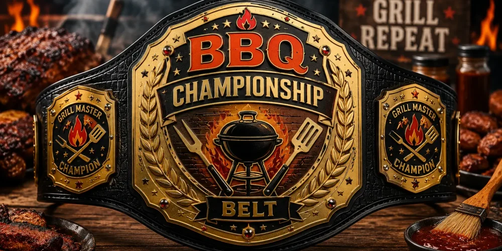 Custom BBQ Championship Belt designed for grilling competitions with detailed gold craftsmanship and BBQ-themed engraving.