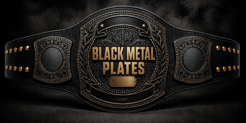 Premium black leather championship belt with detailed black metal engraved plates and gold accents, featuring central “BLACK METAL PLATES” text in a luxury custom belt design.