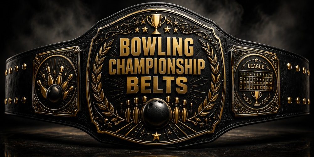 Black and gold bowling championship belt with engraved bowling pins, ball, trophy, and league scorecard details, displayed in a dark smoky studio setting.