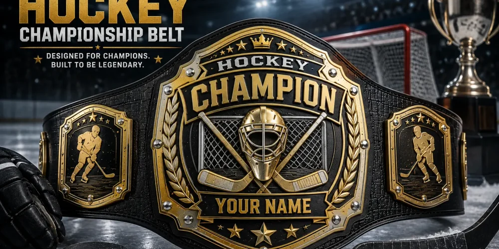 Personalized Custom Hockey Championship Belt featuring hockey-themed engraving, goalie mask, and crossed sticks for league champions.