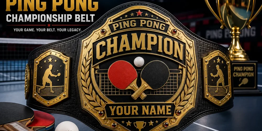 Professional Customized Ping Pong Championship Belt crafted with black leather and gold plates for ping pong competition winners.