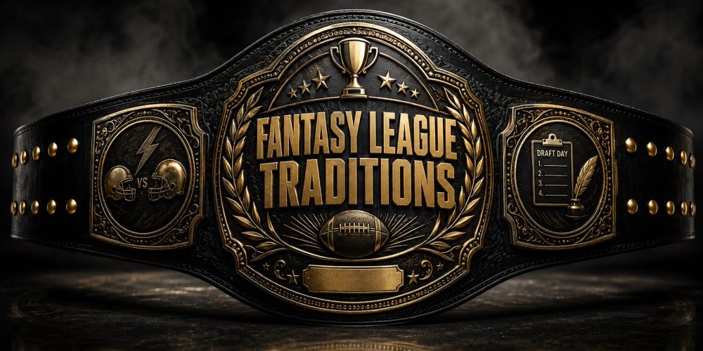Premium black and gold fantasy football championship belt featuring “Fantasy League Traditions” engraved on the central plate with trophy, football, and draft-themed side plate designs in a smoky studio setting.