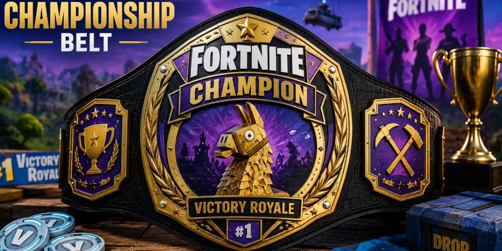 High-quality Fortnite Championship Belt featuring premium craftsmanship, gold plates, and a competitive gaming backdrop.