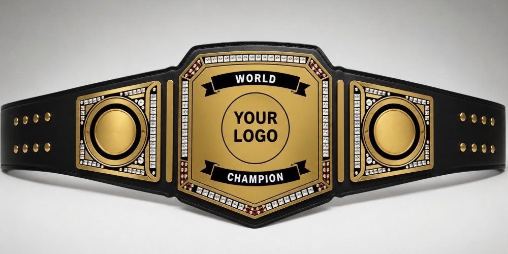 Premium Pokémon championship belt with gold metal plates and black leather strap, featuring Pikachu, Charizard, Pokéball designs, and “Champion” engraved central plate displayed in dramatic studio lighting.