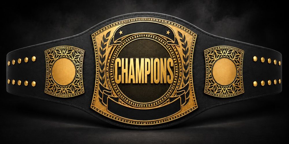 Black and gold “Champions” championship belt with ornate metal plates, central gold “CHAMPIONS” text, and detailed side plates, displayed in a dark smoky studio background.