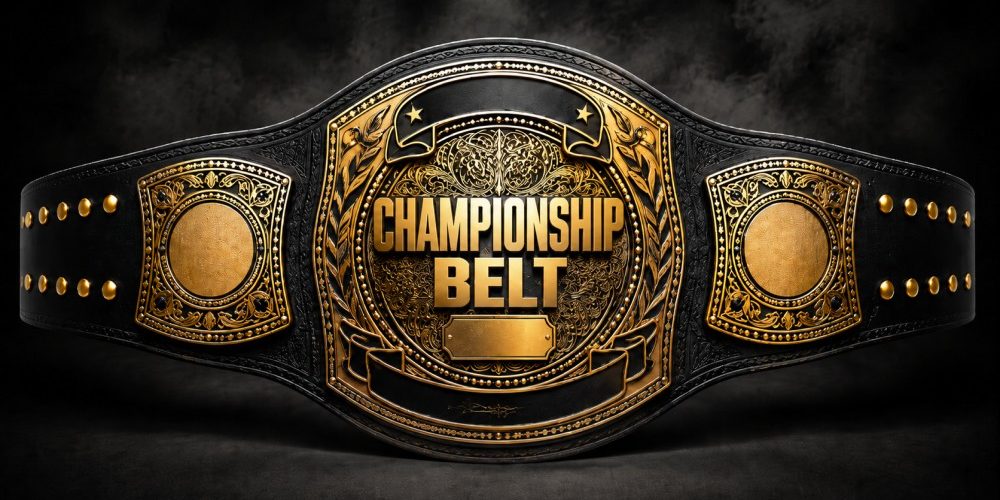 Luxury black and gold championship wrestling belt with detailed engraved central plate reading “CHAMPIONSHIP BELT,” ornate floral patterns, and premium side plates.