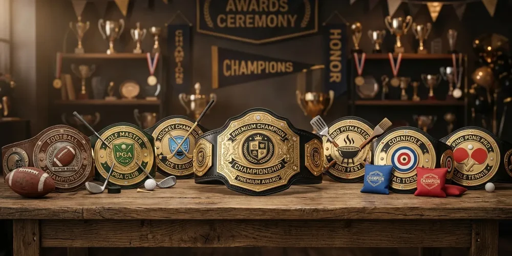 How to Choose the Right Belt for Your Event illustrated with multiple custom championship belts for sports, corporate, and competition events displayed alongside trophies and event equipment.